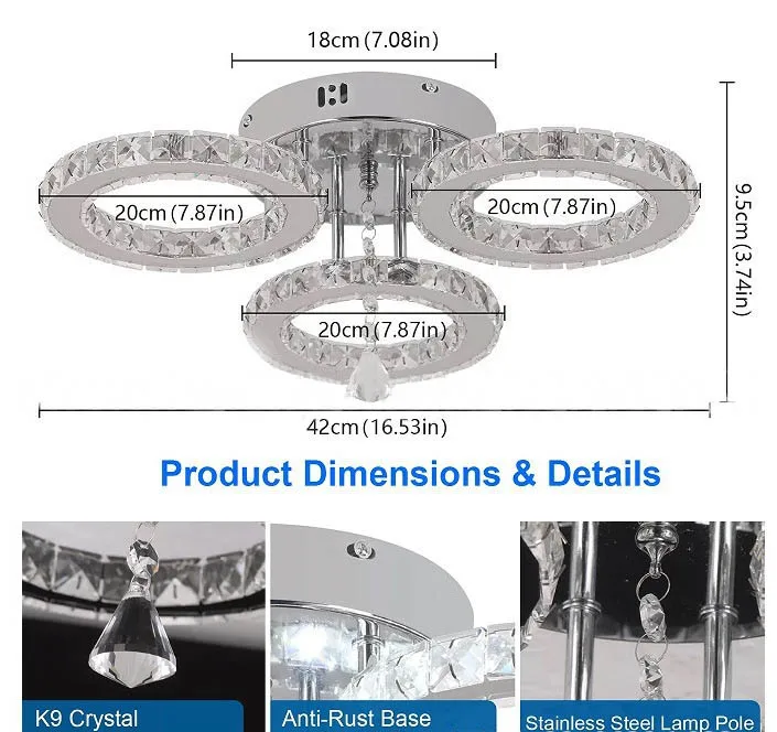 Modern Nordic Decorative 3 Ring K9 Hanging Light Crystal Chandeliers Ceiling Luxury Pendant Light Fixture