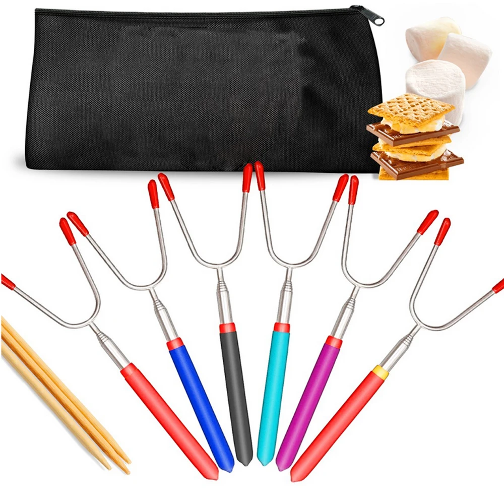 New Model Stretchable Campfire BBQ Fork Collapsible Multicolor Stainless Bbq Skewers