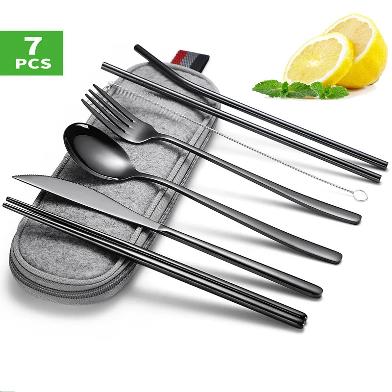 2253 304 Stainless Steel Knives, Forks, Spoons, Chopsticks, Straws, Portable Cutlery Set of 7 Pieces