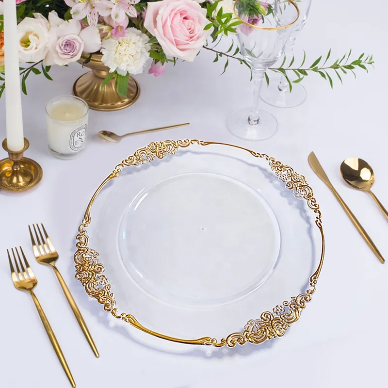 luxury cheap wholesale round transparent plastic reef silver rose gold rim beaded clear charger plates wedding decoration rustic