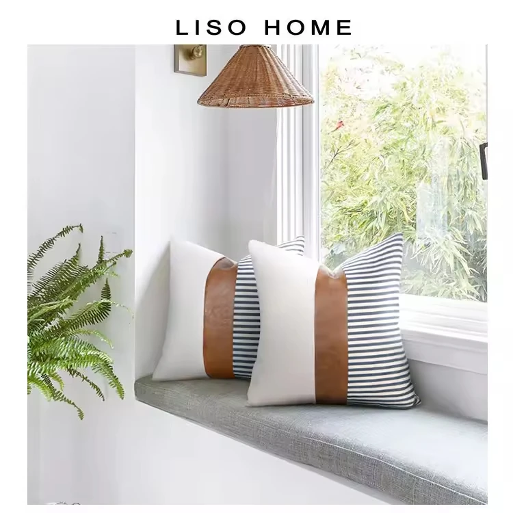2024 hot sale custom cut and stripe vinyl pu leather canvas splicing 45x45 decorative cushion pillow cover striped cushion cover