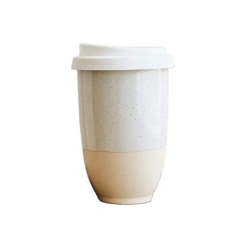 12oz Nordic Double Wall Cup Handmade Tumbler Travel Ceramic Mug with Silicone Lid