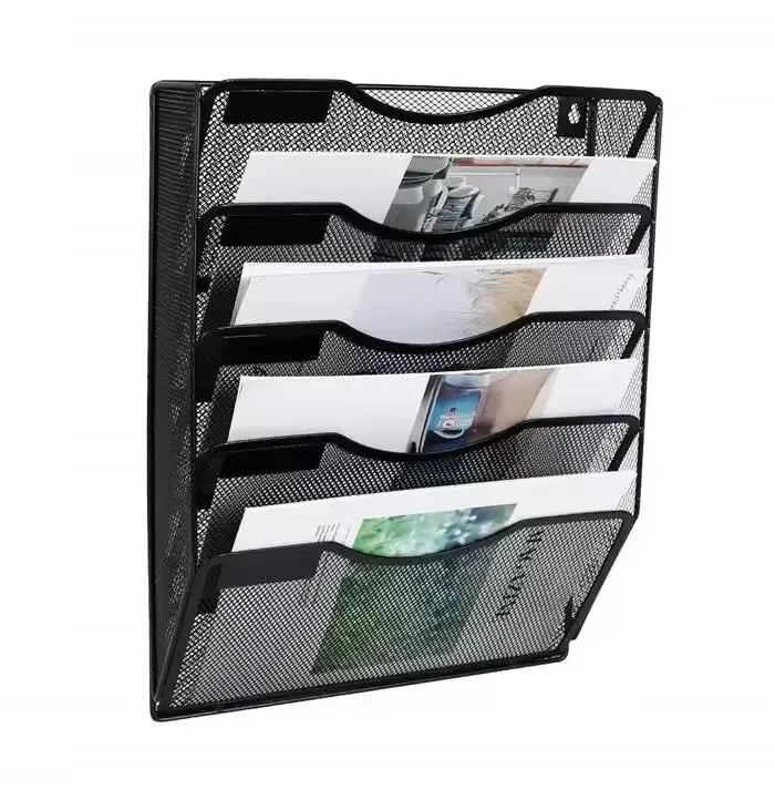 Factory Price Black Metal Mesh 5 Pockets Hanging Wall File Organizer