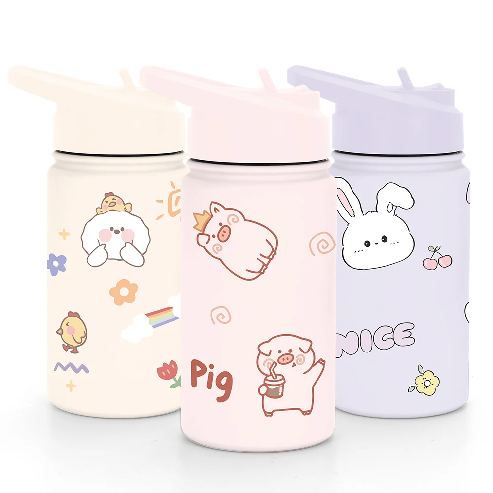 New Cartoon Design 12oz Stainless Steel Double Wall Insulated Kids Water Bottle Termos with Straw