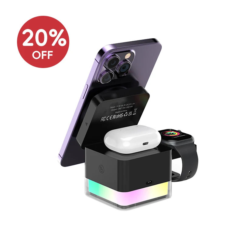 Wireless-Charger 3 in 1 Charging-Station-Cube LED Light Lamp 15W Magnetic Charger Stand Foldable Charging Dock for iPhone 16