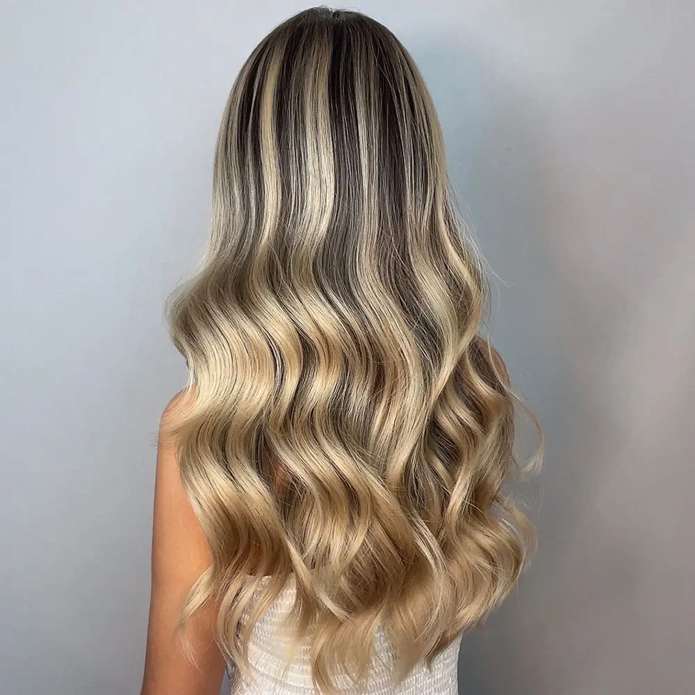 Stock Dark Brown Blonde Highlight Wigs with Bangs Long Water Wave Synthetic Wigs for Women Cosplay Daily Heat Resistant