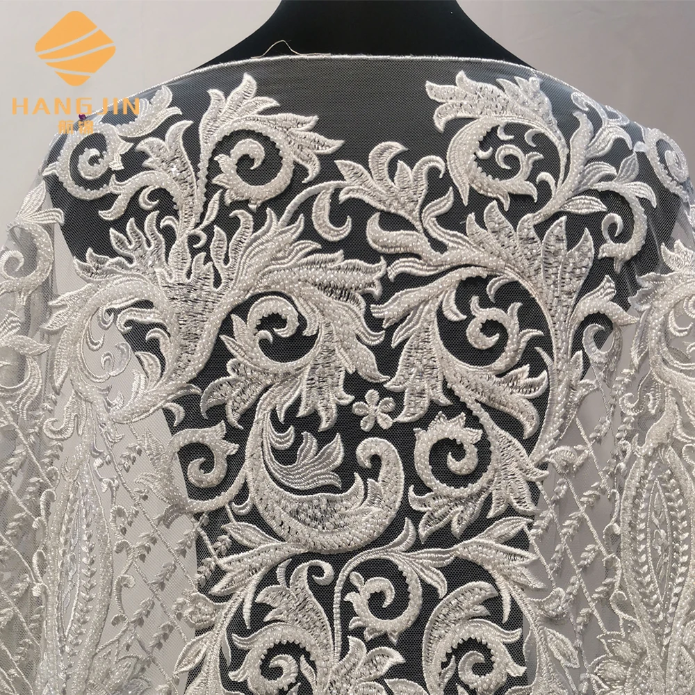 Handmade white wedding lace fabric 3d beaded bridal lace embroidered lace fabric