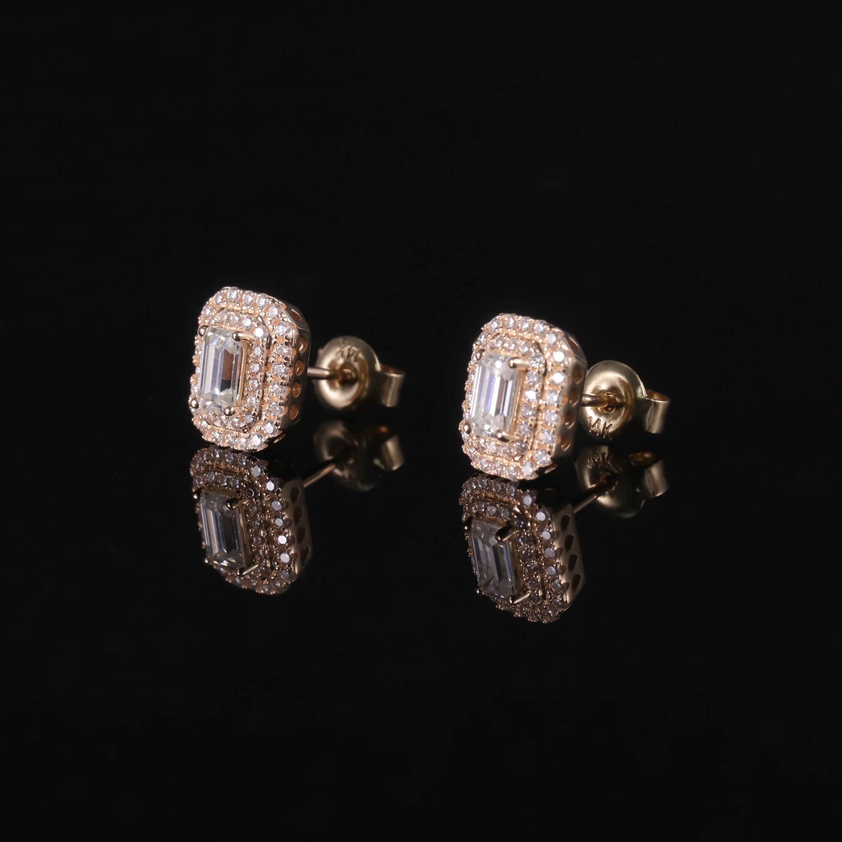 S93D Abiding Women Fine Jewelry Emerald Cut D VVS Moissanite Lab Diamond Double Halo Pave Au585 18k Rose Gold Stud Earrings