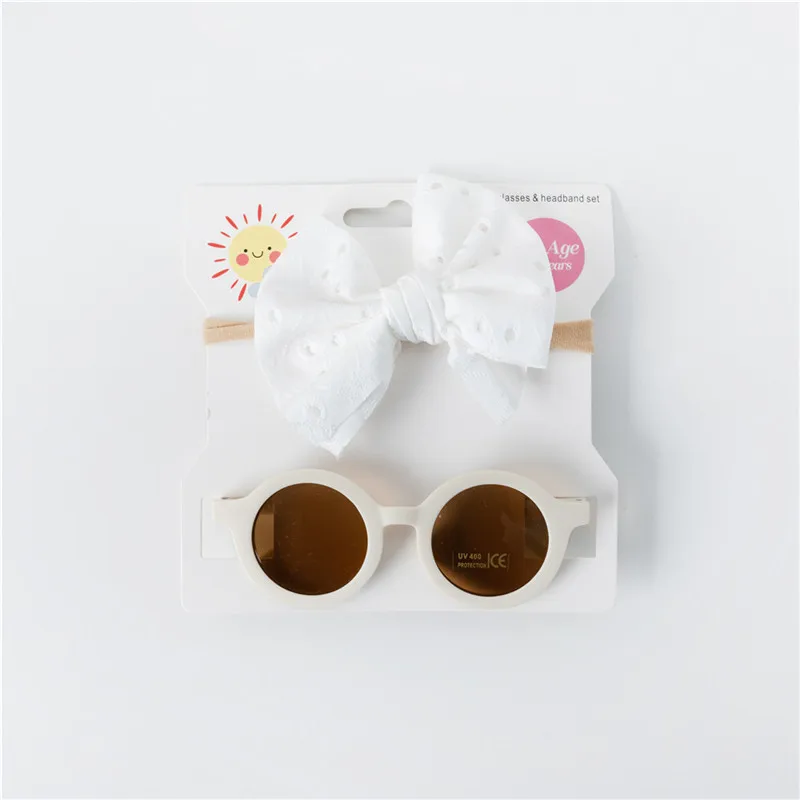 Newborn Baby Hair Accessories Hollow Bow Baby Headband and Sunglasses Set
