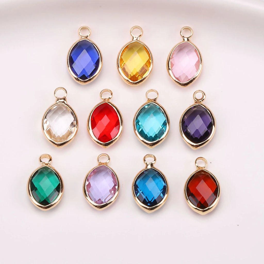 Crystal Birthstone Pendant Charms 18K Gold DIY Jewelry Accessories Brass Faceted Oval Leaf Shape Single Loop Connectors