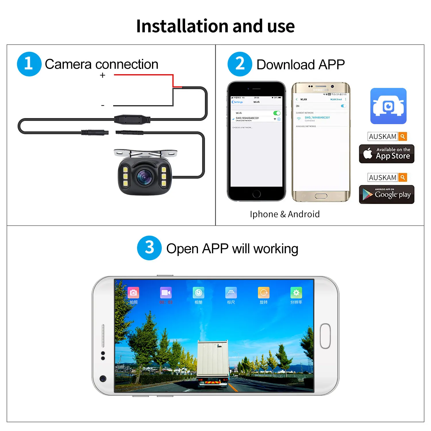 Phone APP Backup Camera 1080P HD Wireless Night Vision WiFi Car Camera