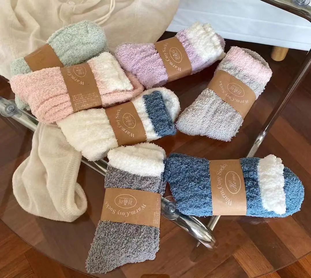 Wholesale Cozy Coral Fleece Fluffy Sleeping Socks Women Winter Folded Cuff Thick Warm Plush Fuzzy Socks
