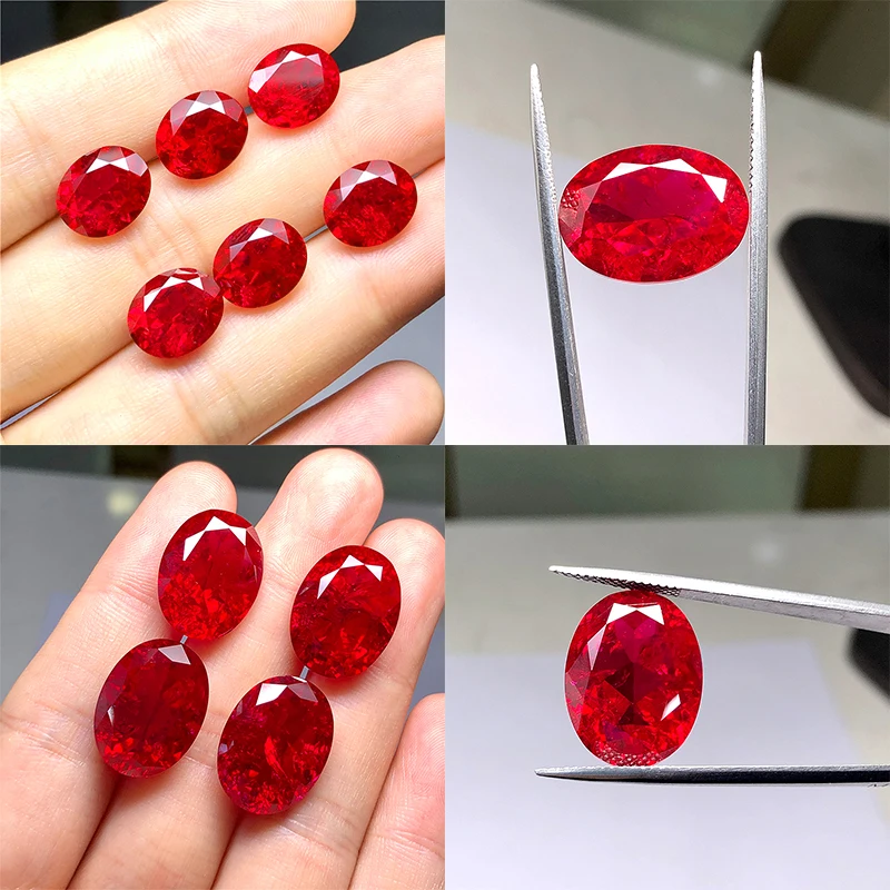 Oval shape natural cut red color synthetic ruby corundum including  minor cracks and inclusions lab created ruby loose stone