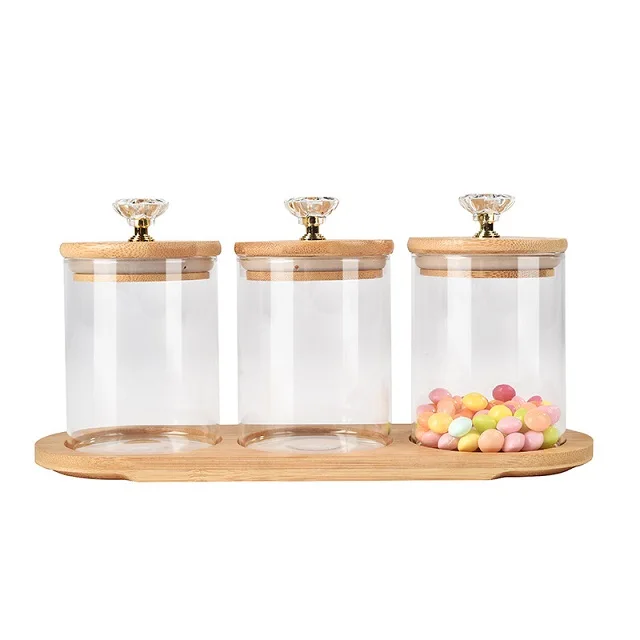 Hot Sale Snack Candy Moisture-Proof Glass Storage Jar 3-Piece Set High Borosilicate Glass With Sealed Bamboo Lid