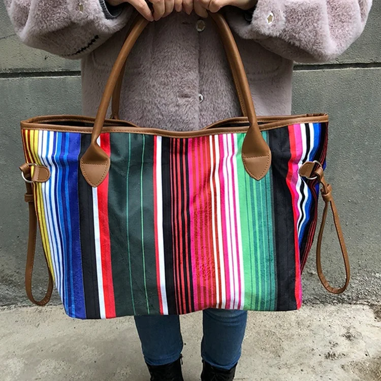 Hot Sale Women Buffalo Plaid Rainbow Striped Large Tote Bag