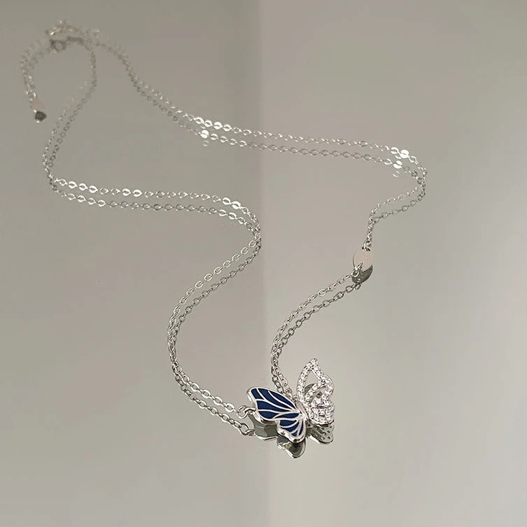Flying Blue Butterfly Necklace 925 Sterling Silver Hollow Design  925 Sterling Silver Cubic Zirconia Dainty White Gold Plated