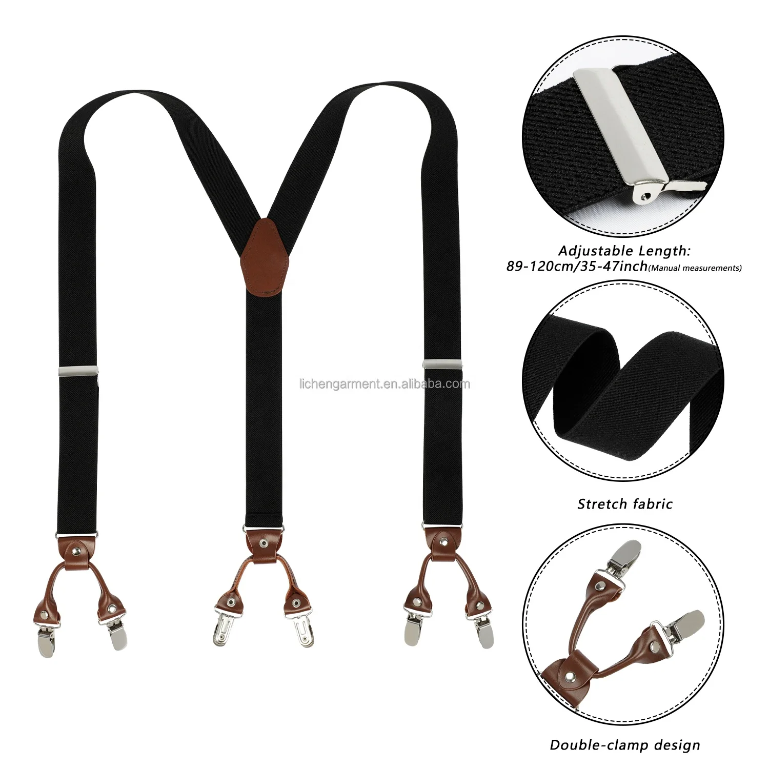 Direct Wholesale Solid Color 3.5cm Y Shape Mens Stylish Leather Suspenders With 6 Strong Clips