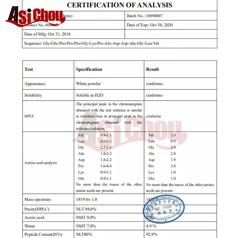 
ASiChou USA warehouse bodybuilding peptide 5mg bpc157/bpc 157/bpc-157 