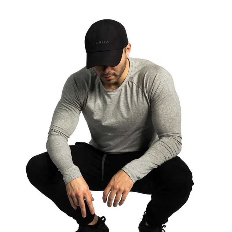 
Мужская спортивная футболка, Мужская Осенняя Спортивная хлопковая стрейчевая футболка с длинным рукавом для бега 