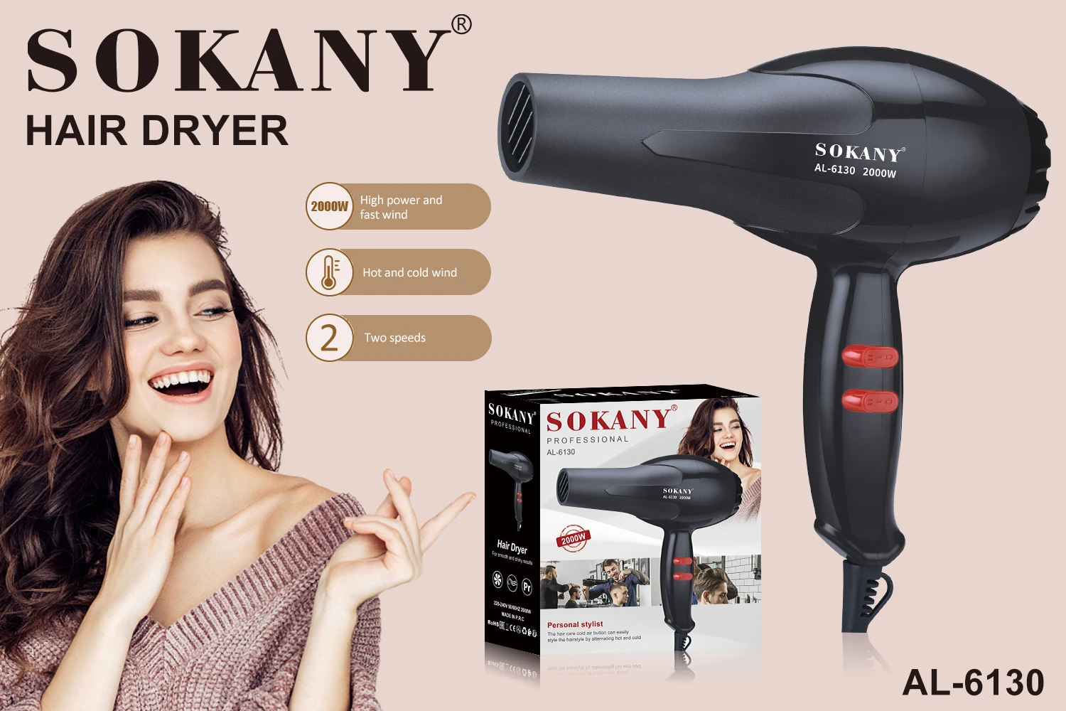 Sokany 2000W Strong Power 2 Speeds And 2 Heating With Concentrator Professional Hair Dryer