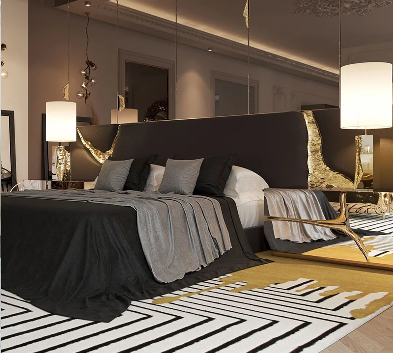 Итальянская кровать Lapiaz с обивкой и золотым покрытием из нержавеющей стали роскошная вилла спальная большого размера индивидуальная Настройка