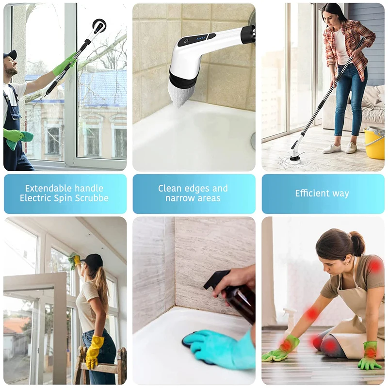 Electric Spin Scrubber Bathroom Tile Floor Bathtub Cleaning Brush With 7 Replacement Brush Heads and Extension Handle
