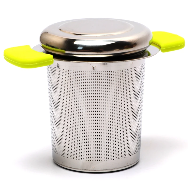 Fine hole stainless steel 18/8 basket tea infuser with double silicone handle and lid for most sizes of mugs