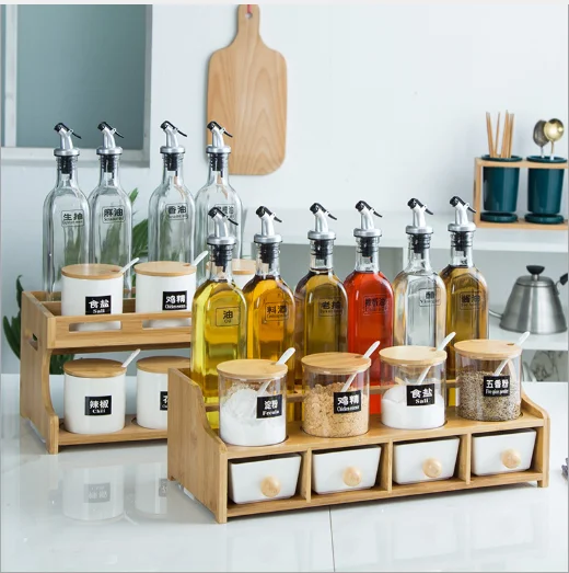 Kitchen Storage Seasoning Box Set Ceramic Salt Sugar Glass Oil Vinegar Bottles Pepper Spice Jars Sets With Stand