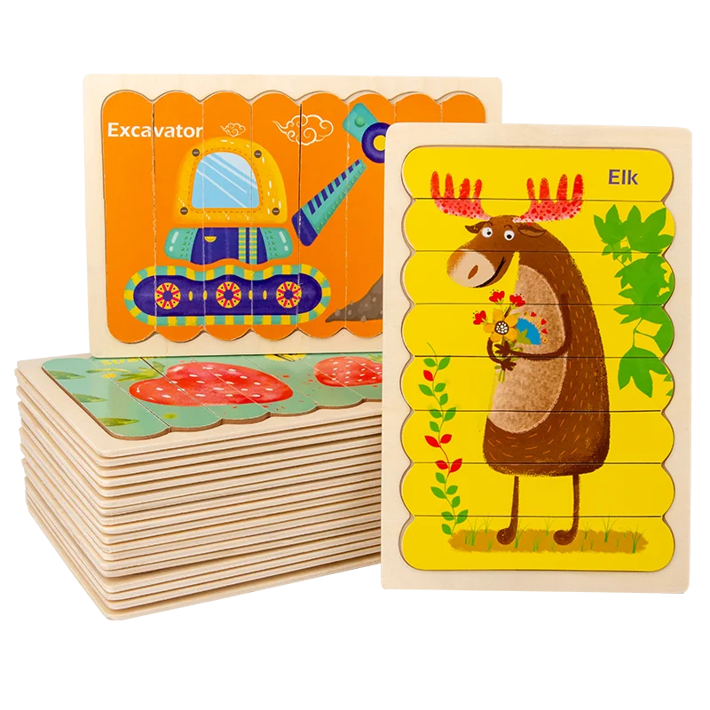 
Детские игрушки, деревянный пазл с деревянным узором, мультяшный автомобиль, животное, двусторонний обучающий пазл для бара для детей 