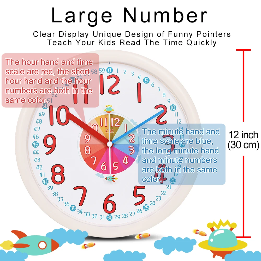 Quarts Cartoon Art Wall Clock for Kids Multi-color Rainbow Electronic Learning Wall Clock for Children for Kids Learning