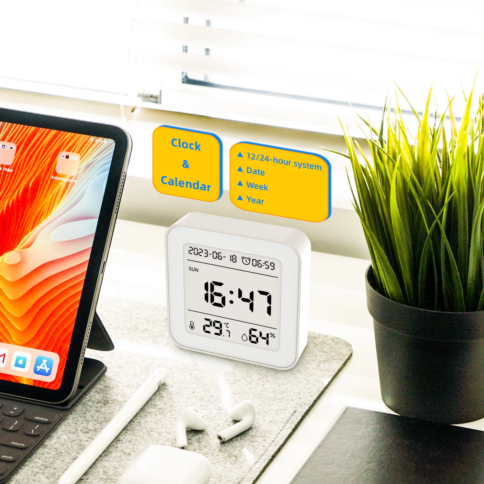 New Digital Hygrometer Room Thermometer Thermohygrometer Clock  Humidity Gauge Meter Indoor Temperature Sensor Meter