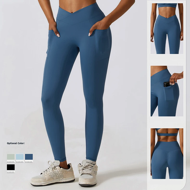 78% Nylon 22% Spandex Running Compression Lady Tights Pants High Waist Butt Lifting With Pockets Workout Yoga Leggings For Women