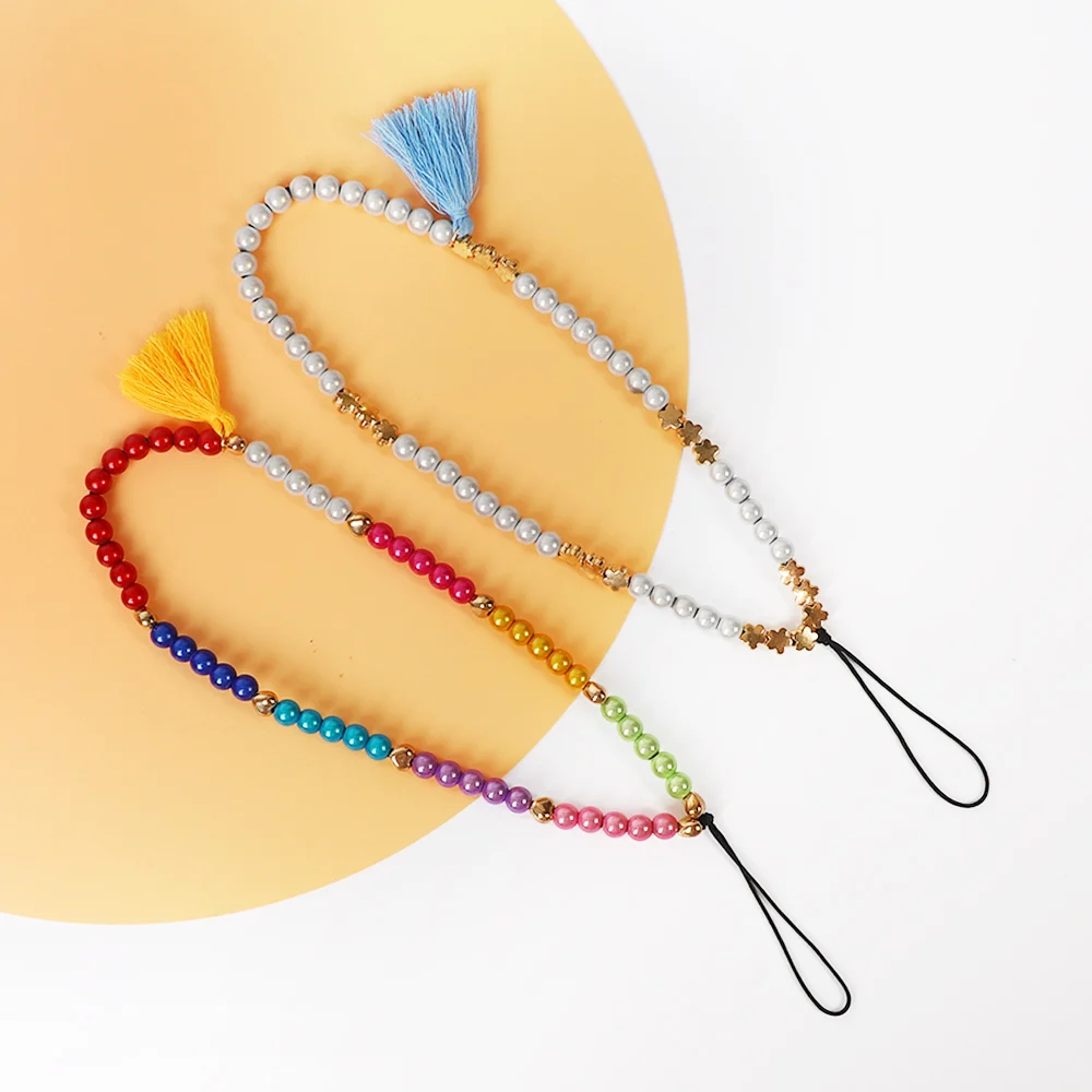 Multi angle opal gold beads chains phone fashion straps tassel gold beads colorful wrist chain phone strap