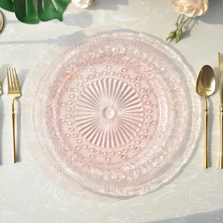 Custom 13 Inch Vintage Embossed Gray Glass Wedding Lace Charger Plates Wholesale