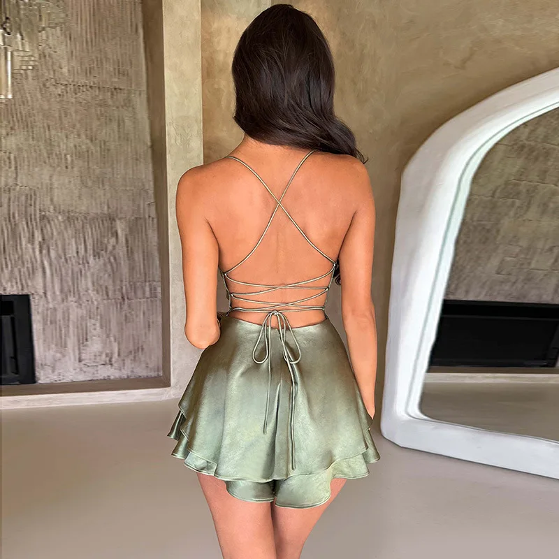 Elegant Sleeveless Straps Silk Satin Dresses Women Sexy Stacked Collar Backless Double Layer A Shape Womens Dresses Fashion