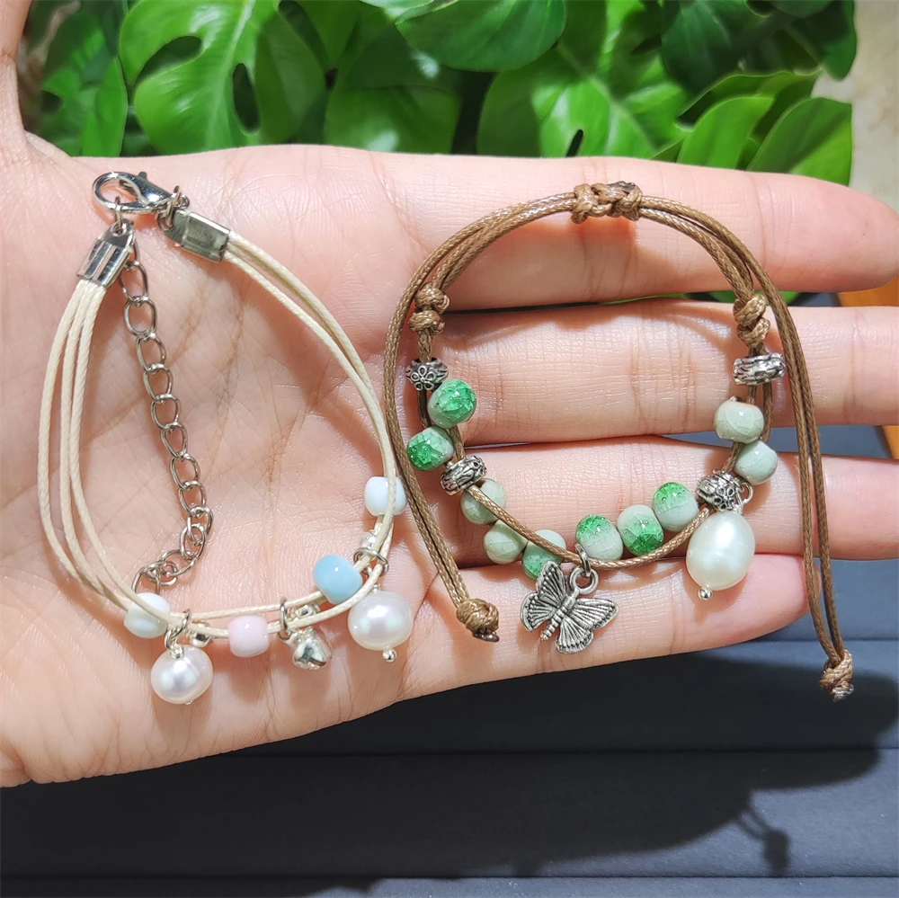 Прямая Продажа с фабрики фарфоровые веревочные браслеты ручной работы подвесками в виде колокольчика из натурального жемчуга керамический браслет подвеской