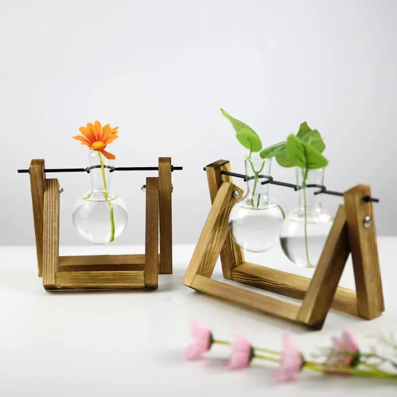 Plant Terrarium with Wooden Stand, Air Planter Bulb Glass Vase Metal Swivel Holder Retro Tabletop