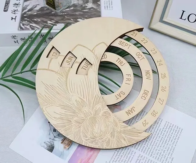 Round rotating wooden perpetual laser engraved wall decoration moon hanging calendar