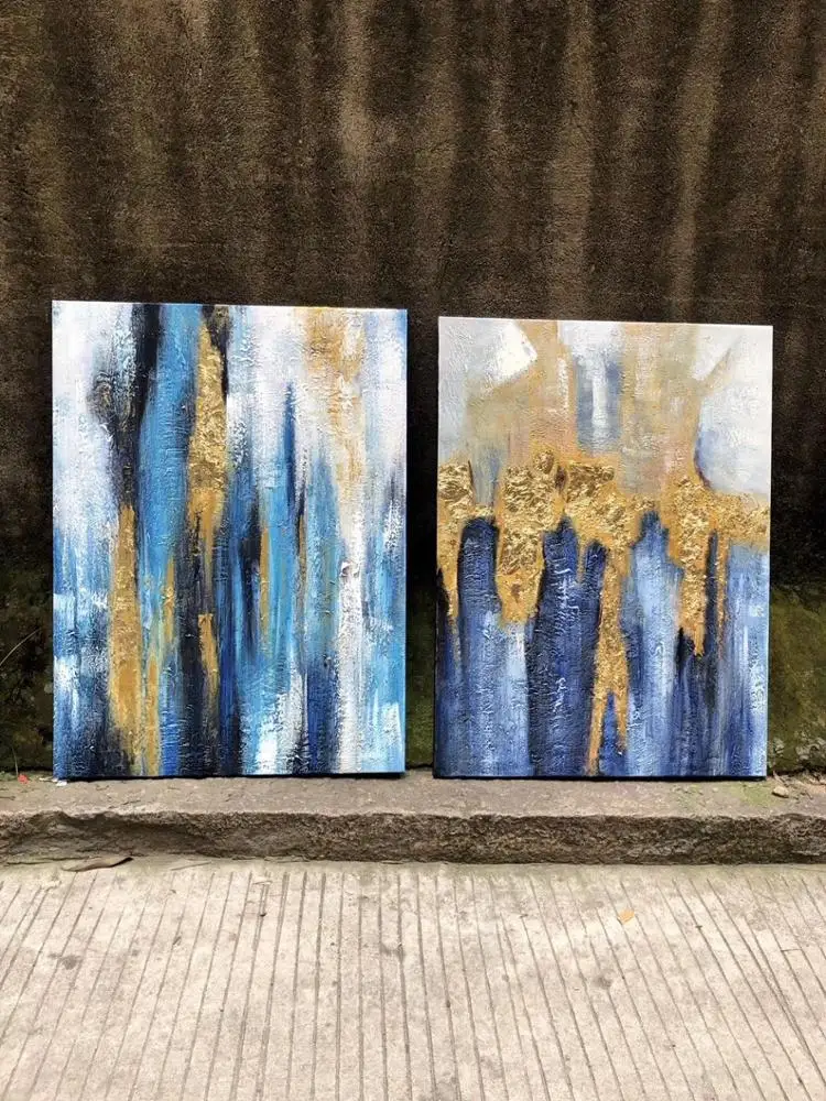 
100% handpainted abstract modern oil painting on canvas grey blue gold foil artwork wall art for home hotel decora wholesaler 