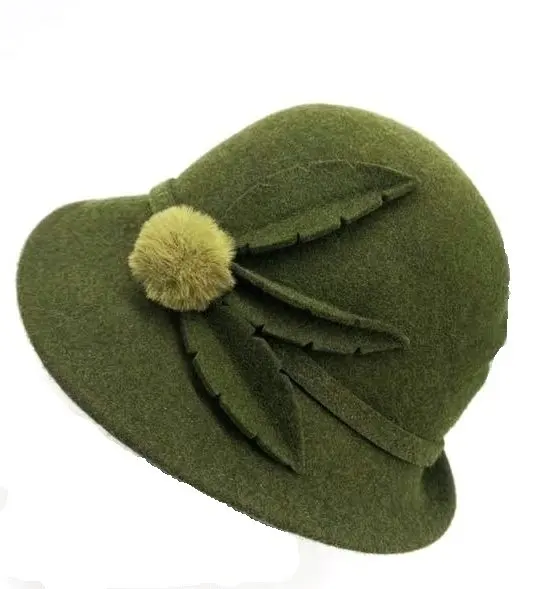 Fashion Handmade Green Wool Felt Cap Women Church Hat Felted Wool Hat Fedora Beret Europe German Style Dress Cap Green Hat
