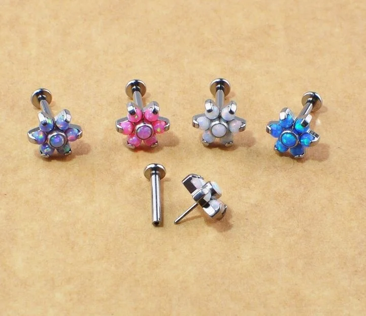 ASTM F136 Titanium Threadless Push Pin Opal Flower Labret Lip Ring Piercing Jewelry