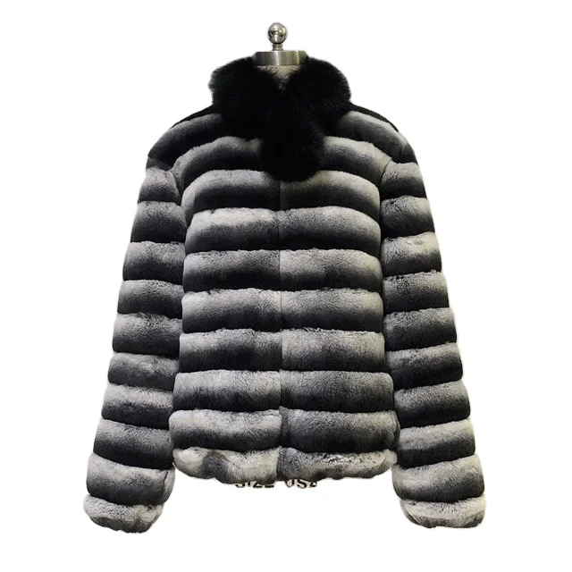 
Hot sale real fur coat top quality dyed chinchilla color real fox fur collar Winter rex rabbit fur jackets for ladies 