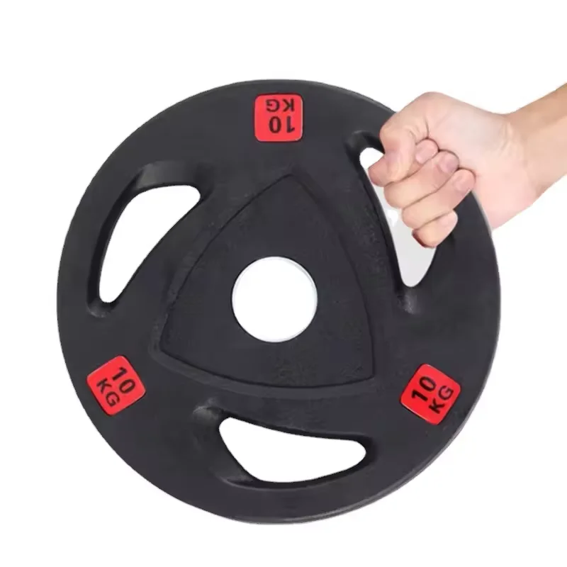 Custom Strength Gym Equipment Barbell Discs 3 Handles Black round edges Tri Grip 3 Holes Rubber Weight Plate