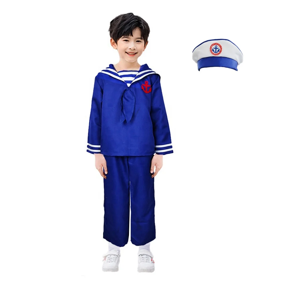 High Quality Kids Sailor Suit Dress Up Stage Performance Wear Long Sleeve Blue Navy Costume For Boys And Girls