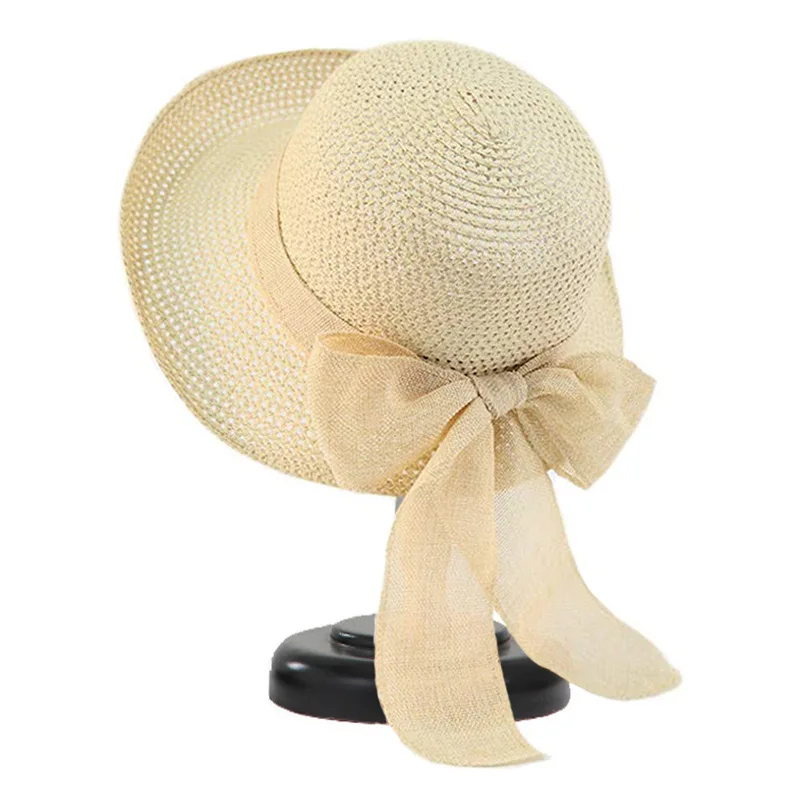 HZM-24052 Fashion bow large brim sun visor seaside beach sweet fisherman bucket straw hat for women