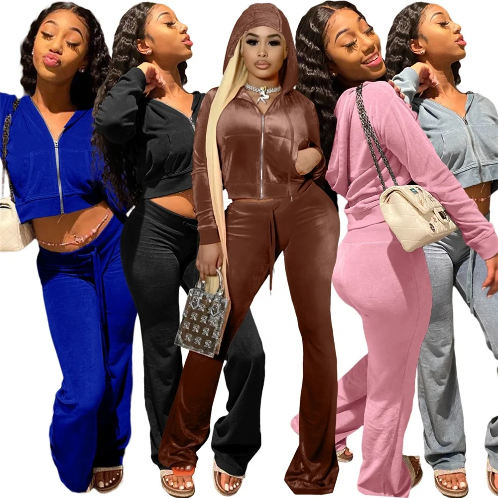 XS-XXL Velour Two Piece Pants Fall Set Women Cropped Hoodies Lounge Wear Velvet Tracksuit 2 Piece Pants Set Clothing