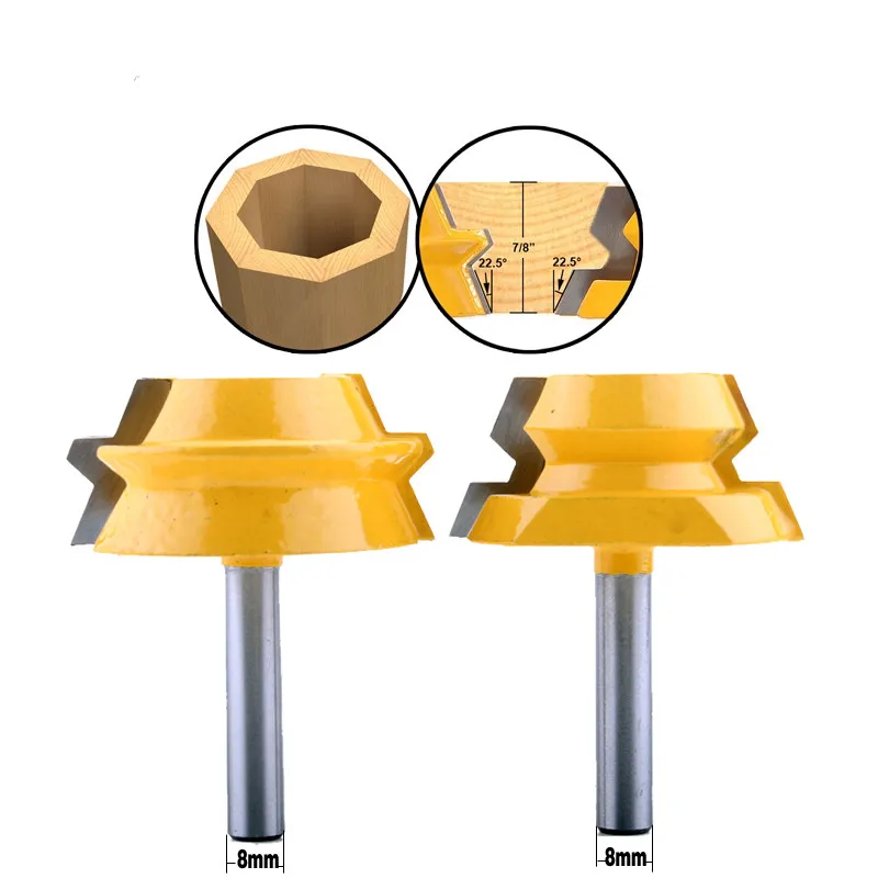 2PC 8mm Shank Lock Miter Router - 22.5 Degree Glue Joinery Router Bit Set Tenon Cutter for Woodworking Tools