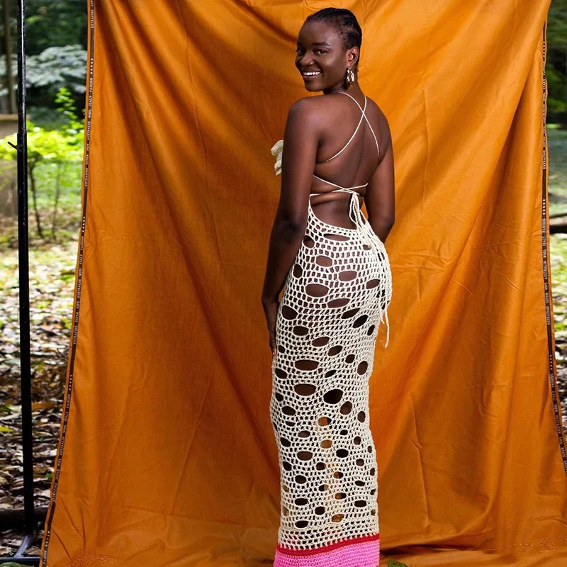 2024 Handmade Women Sexy Crochet Beach Dress Vacation Outfits See Through Hollow Knit Backless Maxi Dresses Summer Clothes