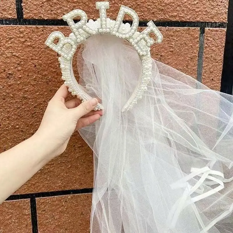 Bride Pearl Veil Wedding Party Headband Handmade Beaded Bridal Crown Hair Hoop Hair Accessories Wedding