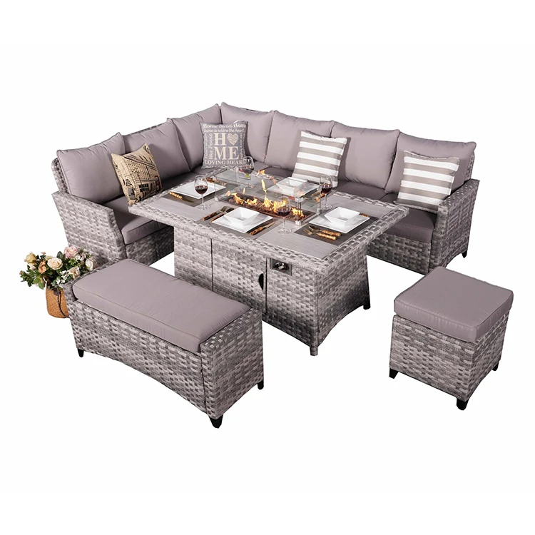 New 5-piece Gray Wicker Outdoor Conversational Sofa Set Garden Rattan Sofa With Fire Pit Table And Ottoman